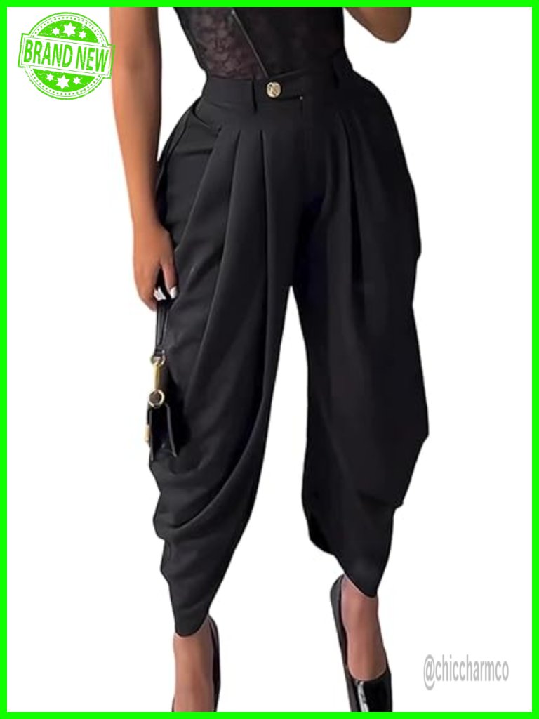 Pleated Wide Leg Palazzo Pants High Waisted Business Work Trousers With Pockets